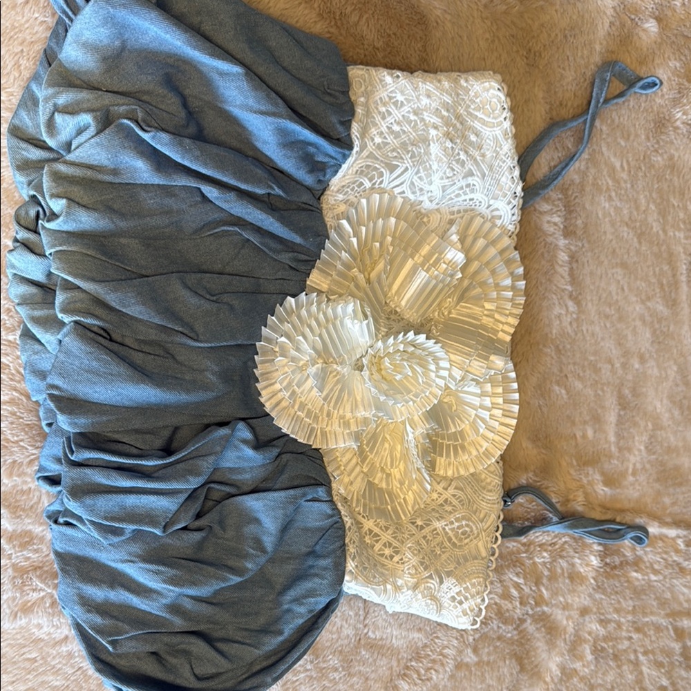 Blue and White Strapless Top with Floral Detail